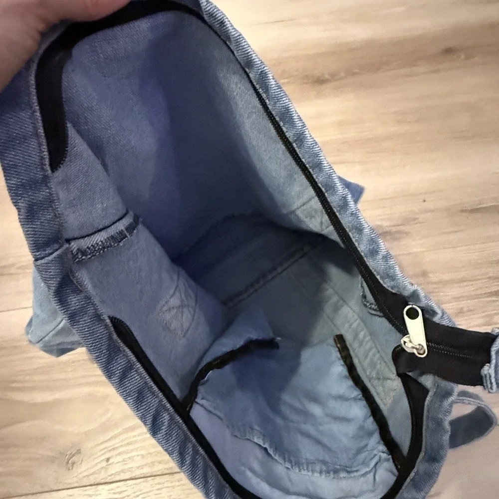 Light Wash Denim Tote Bag Zipper‎ Closure Blue Cotton Shopper Handbag Womens